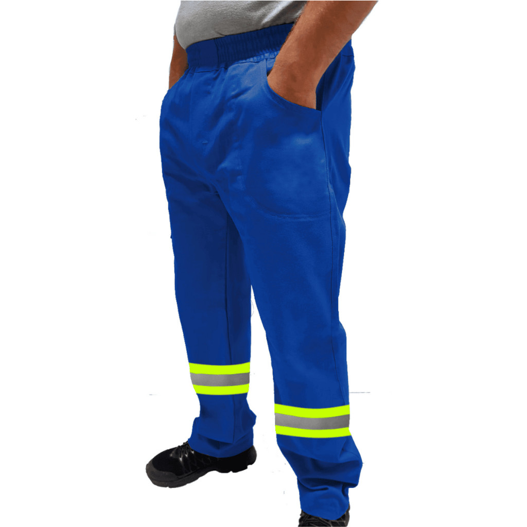 Calça de Uniforme Mecânico Brim Profissional Reforçada Com Faixa Refletiva Verde