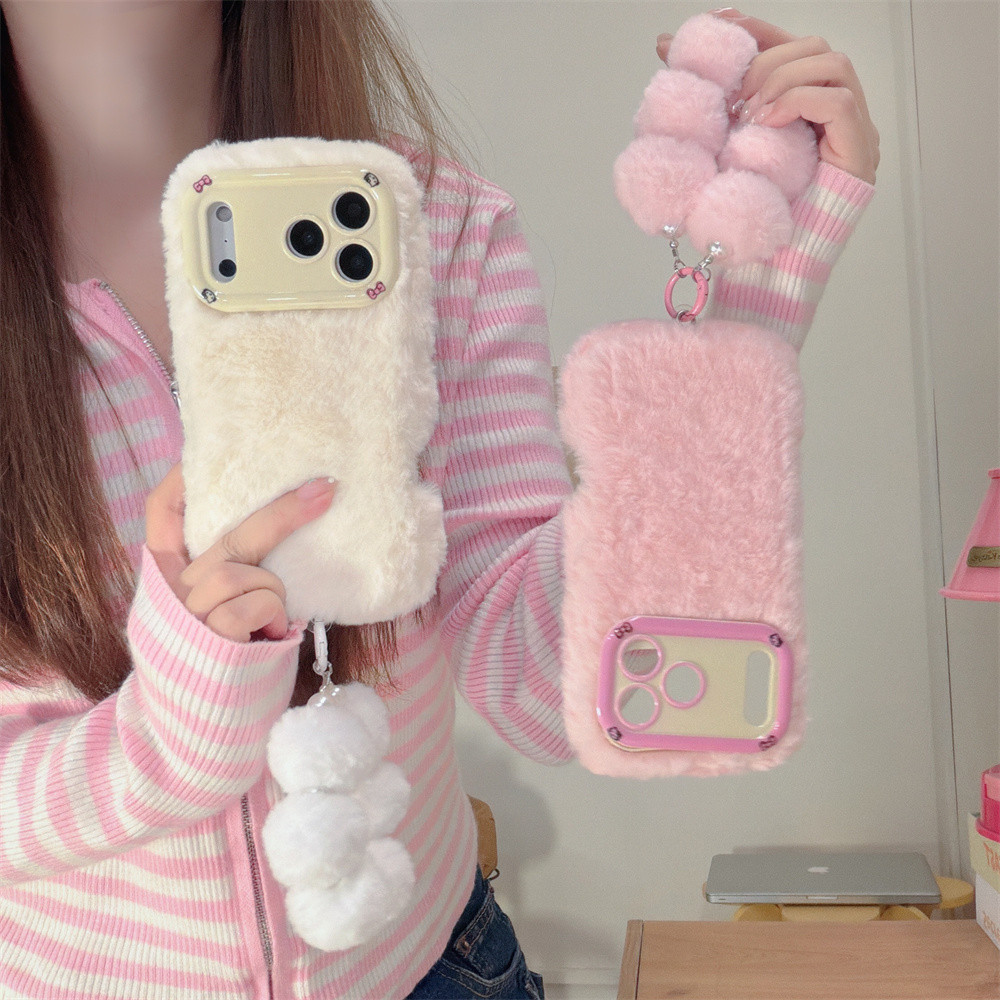 Capa De Telefone Com Pulseira De Cor Sólida De Pelúcia Fofa Para Meninas Outono Inverno Peluda iPhone 16 15 14 13 12 11
