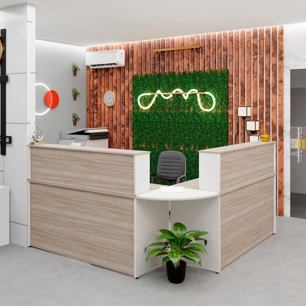 Balcão Atendimento de Canto para Recepção 2 Gavetas Carvalho/Branco em Oferta na Shopee