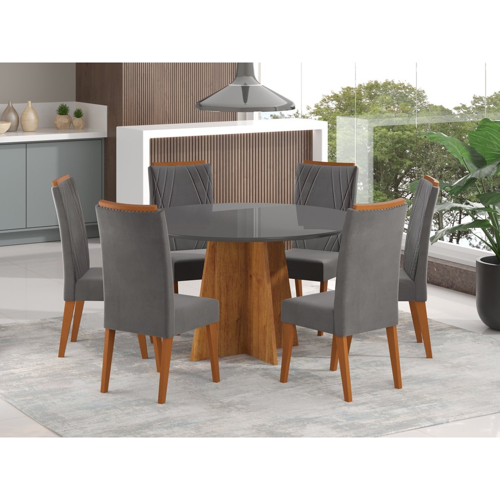 Mesa de Jantar Redonda Vitara com 6 Cadeiras Madeira Maciça Vegas Mel/Grafite em Oferta na Shopee
