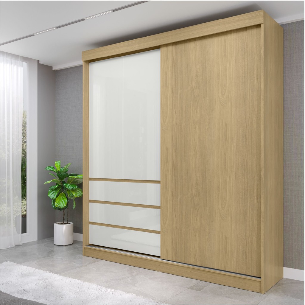 Guarda-roupa Casal Bagda 100% MDF 3 Portas 3 Gavetas Castanho/Off White Não em Oferta na Shopee