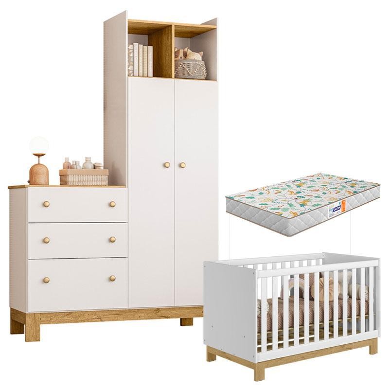 Berço Americano Mini Cama 4315 e Guarda Roupa com Cômoda 4970  Q Encanto Slim Branco Acetinado  com Colchão Gazin