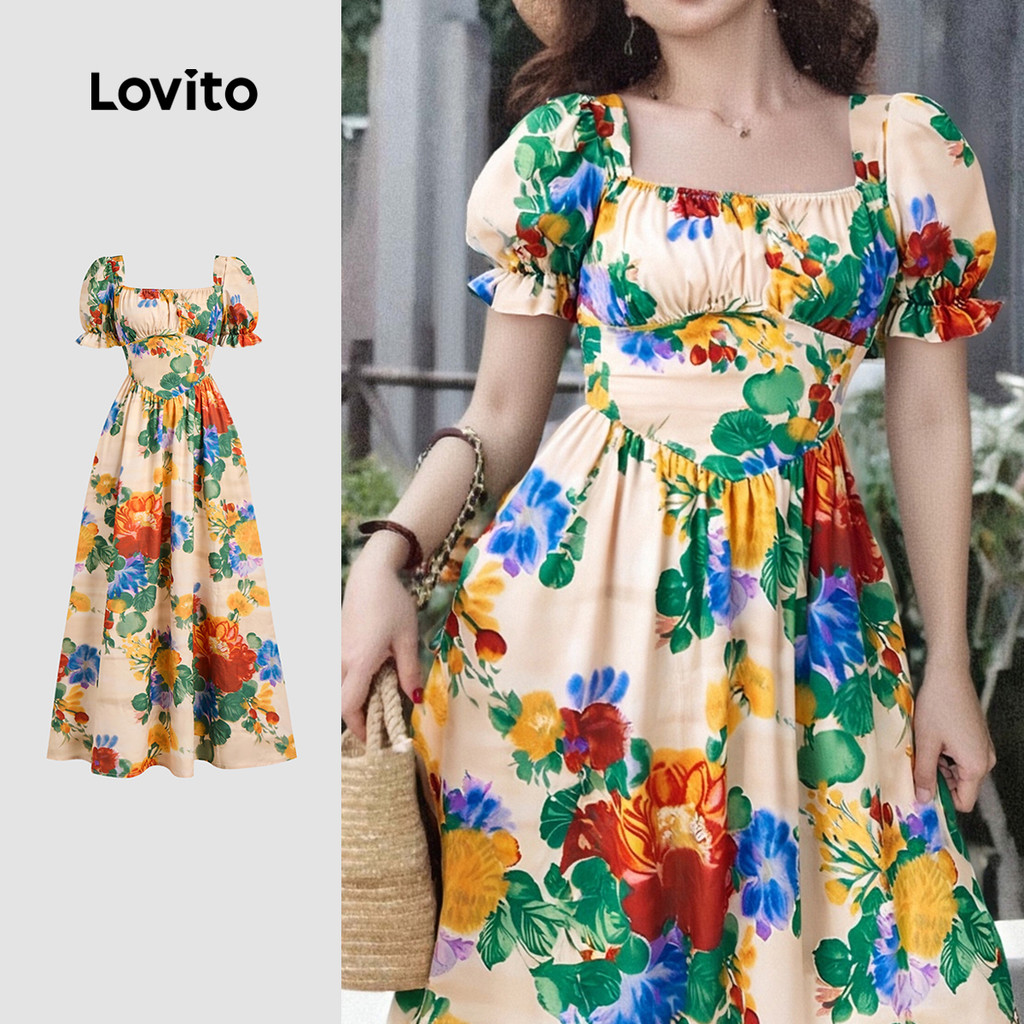 Lovito Elegante Estrutura Floral Linha Cruzada Primavera/Verão Vestido Multicolorido Para Mulheres L134LD202 em Oferta na Shopee
