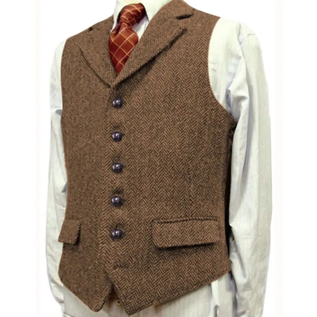 Colete Masculino Marrom Com Lapela Boutique Espinha De Peixe Lã Tweed Fino Ajuste Casual Formal Negócios Casamento Diári
