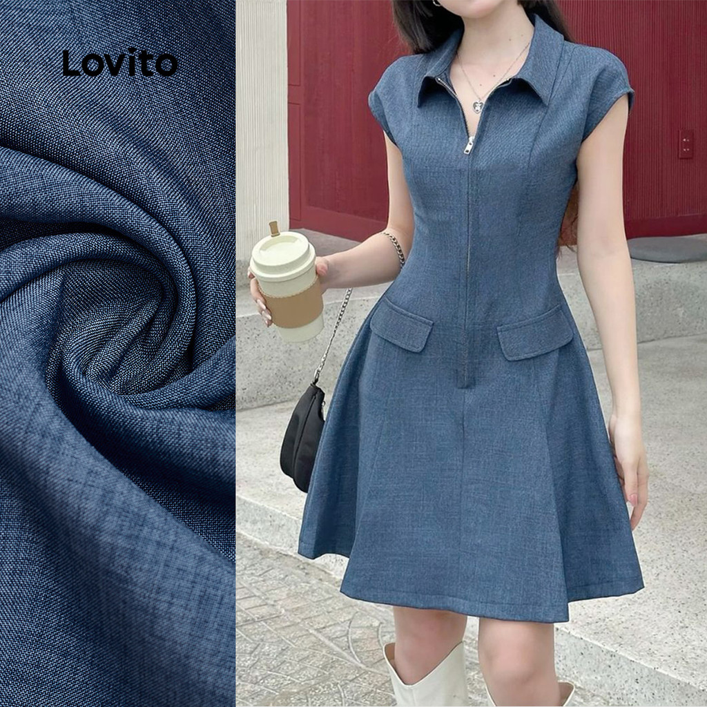 Lovito Vestido Casua Denim com Zíper e Bolso Falso Primavera/verão Vestido Azul Jeans para Mulheres L142LD240 em Oferta na Shopee