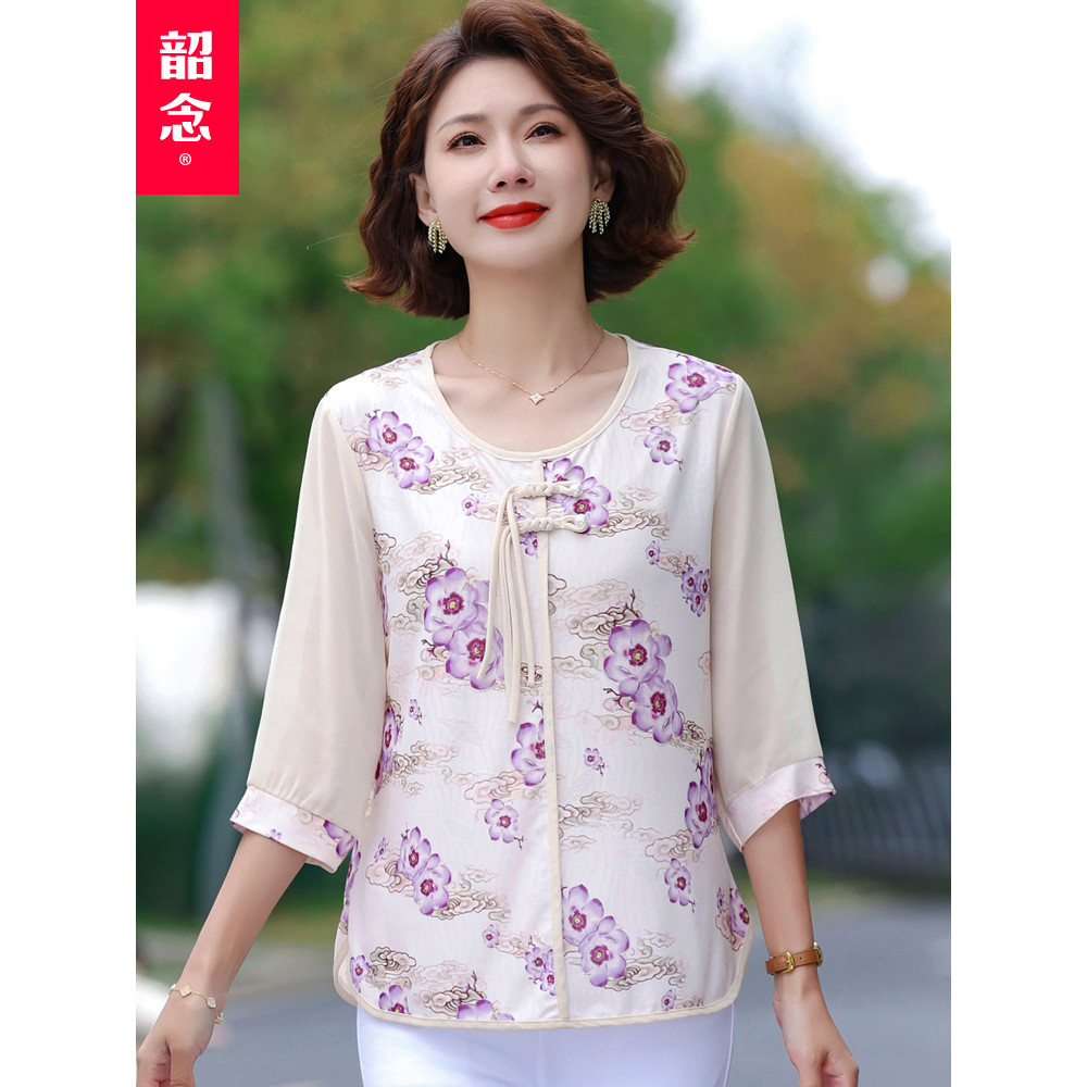 Novo estilo chinês mãe usar verão manga três quartos camisa pequena moda meia-idade idosos feminino estilo chinês em tor
