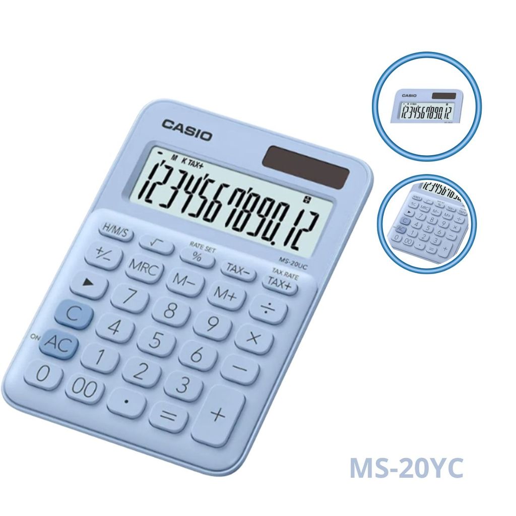 Calculadora Casio MS-20YC Azul Claro Portátil 12 Dígitos Bateria E Solar Visor Amplo Dupla Alimentação