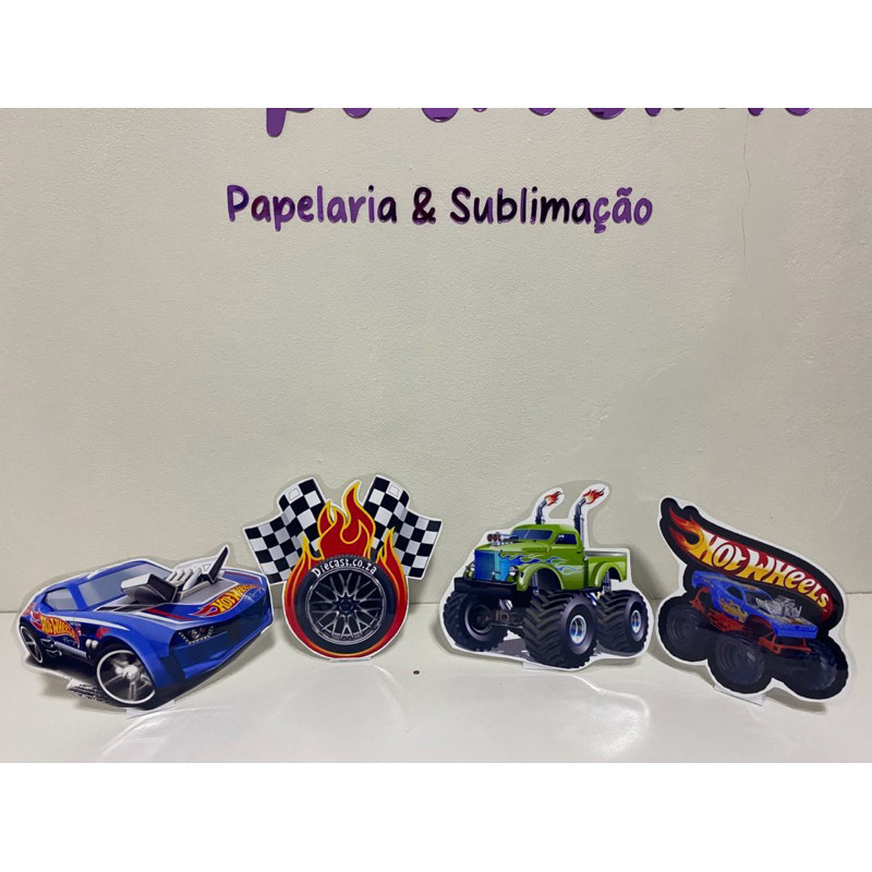 4 Display de mesa com suporte no tema hotwheels para aniversário