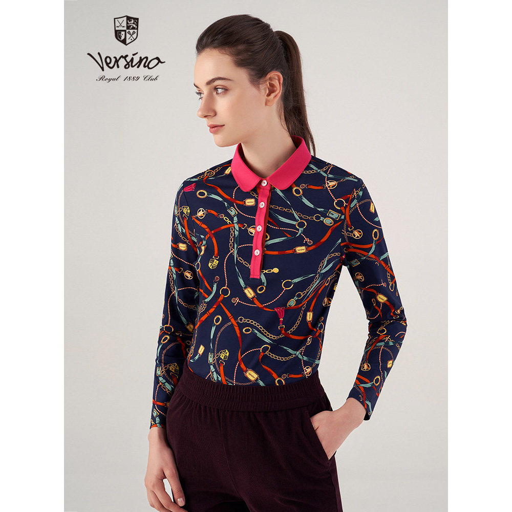 Versino versino Camiseta feminina primavera outono manga comprida lapela camisa polo estampada clássica