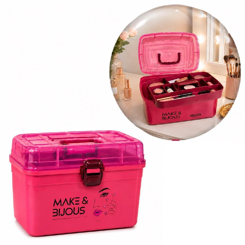 ORGANIZADOR MAQUIAGEM ROSA CAIXA BANDEJA REMOVIVEL 10 DIVISORIAS FRASQUEIRA MALETA MULTIUSO PESCA MANICURE COSTURA BRINQ
