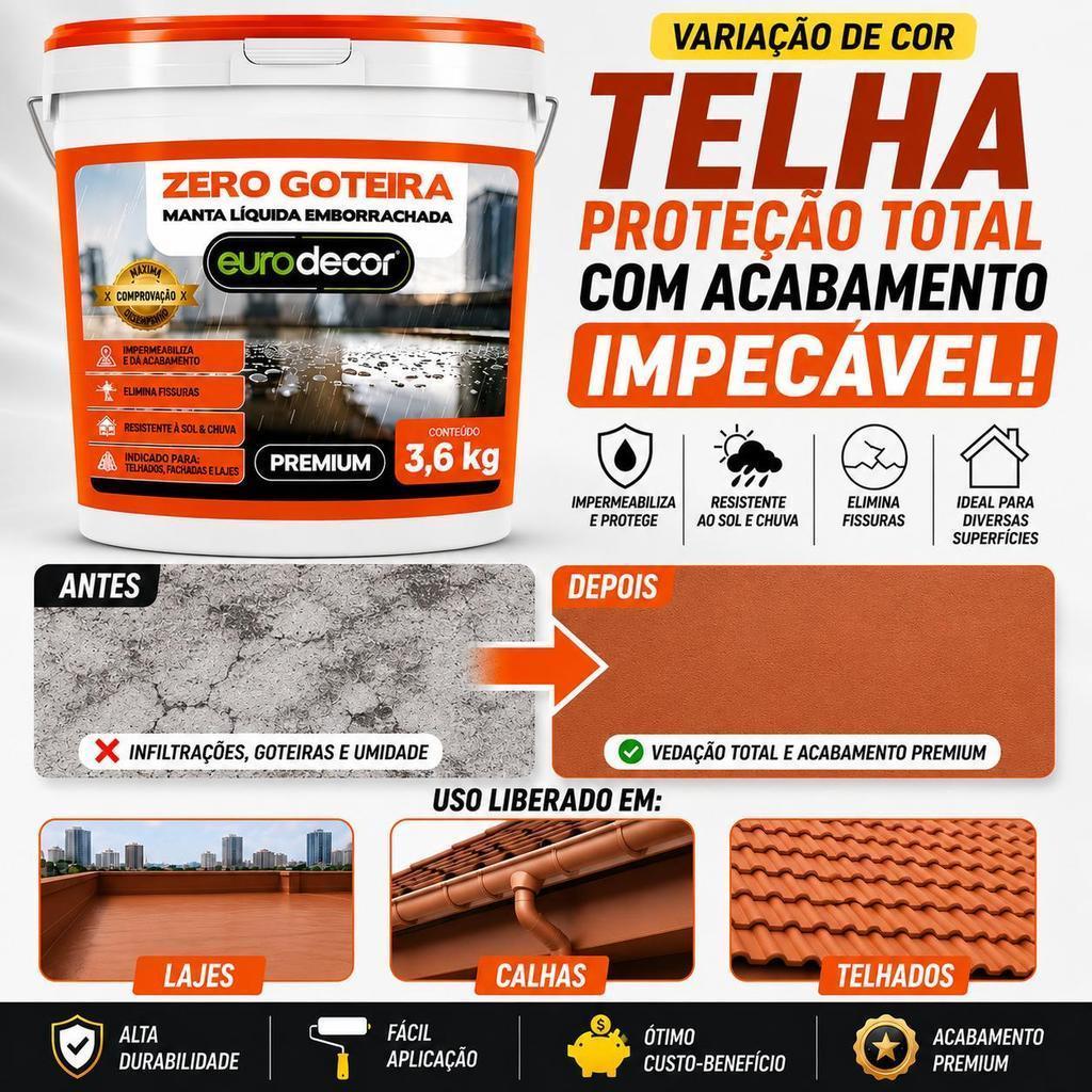 Impermeabilizante Premium de Lajes Manta Líquida Zero Goteiras 3,6KG Emborrachada Cor Telha Telhados