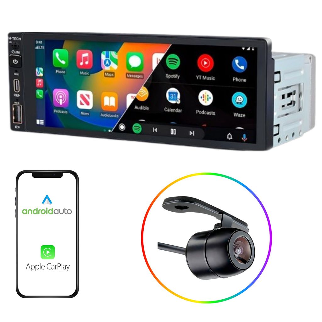 Multimídia MP5 H-Tech 1 DIN 6.9" CarPlay Android Auto Bluetooth Espelhamento (Com Fio) + Câmera de Ré