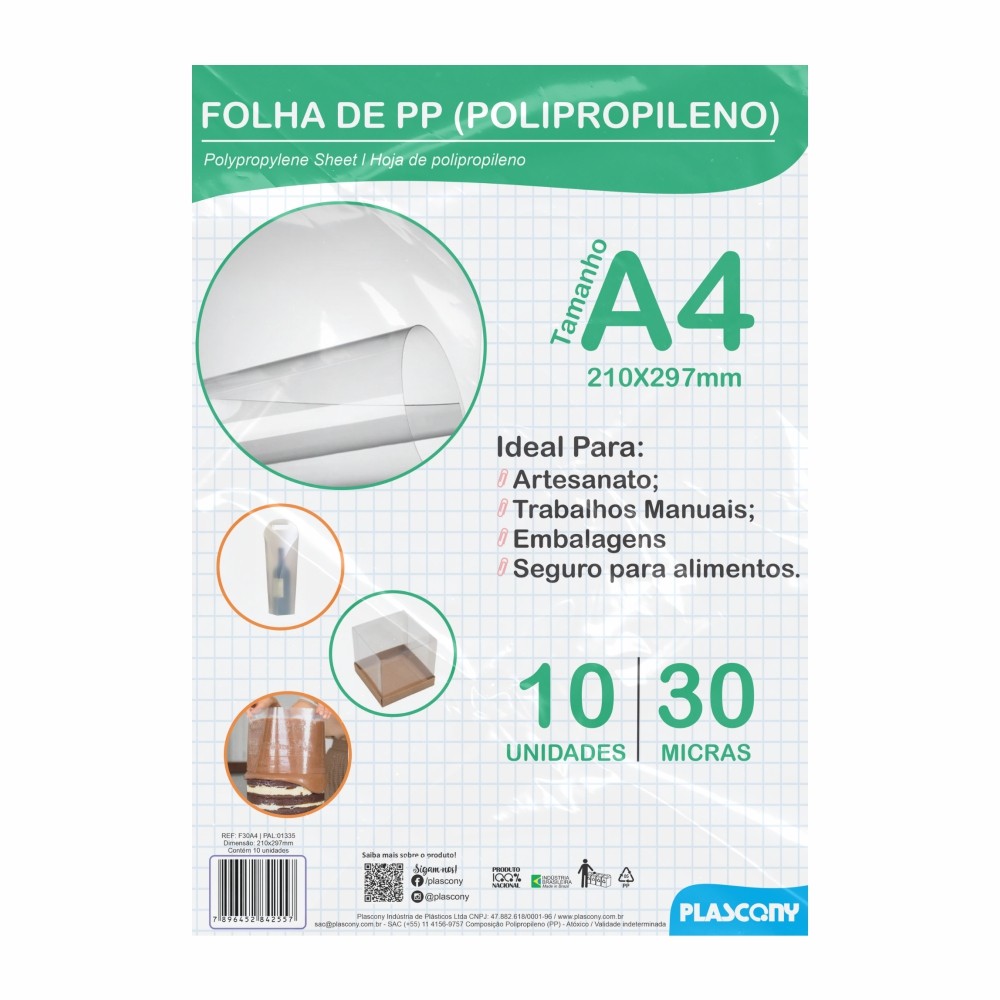 Folha de Polipropileno (PP), A4 e A3, espessura 0,30mm, Pacote, Transparente, Plascony