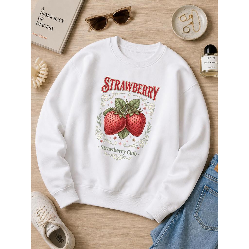 Moletom Feminino Strawberry Vintage Fruta Morango Estampa Retrô Casual Confortável Tumblr Fashion Top Flanelado