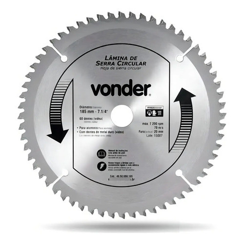 Serra Circular com Vídea para Alumínio 185mm 60 Dentes Profissional Vonder