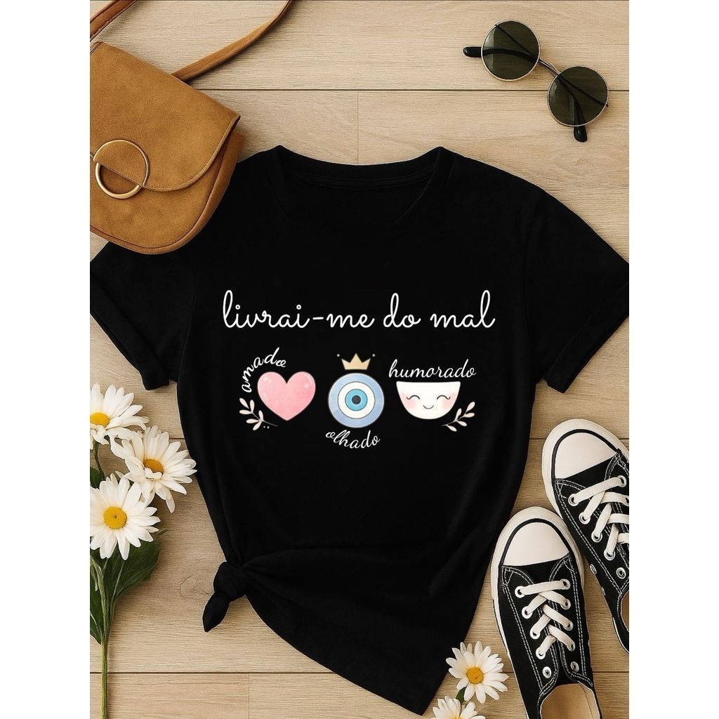 Blusa Feminina Estampa Livrai-me do Mal 100% Algodão | P ao GG