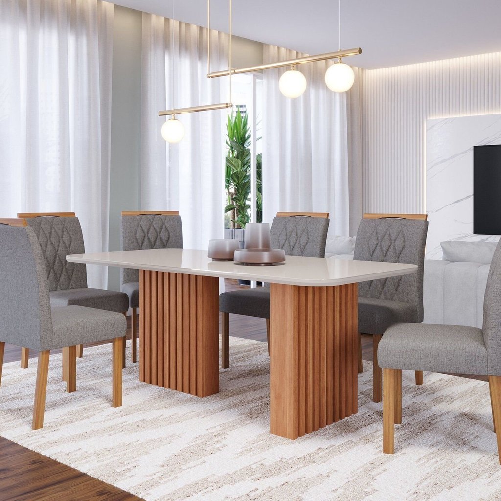 Conjunto Sala de Jantar 6 lugares Retangular Tampo de Vidro/MDF Ester Cadeiras Juliana Wood