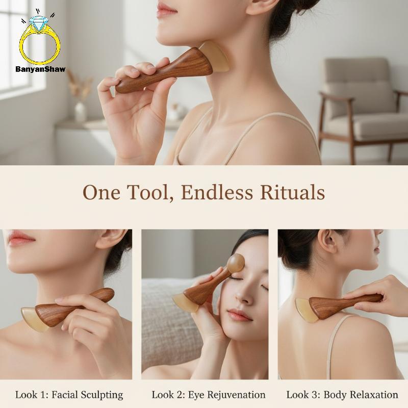 [BANY] Ferramenta Gua Sha De Chifre De Ovelha Natural Com Cabo De Madeira Antiderrapante , Adequada Para A Pele Massagem