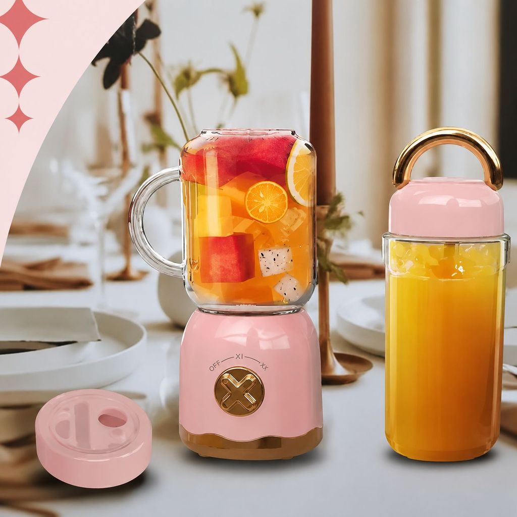 Mini Liquidificador Portátil Retrô Juicer Com Copos 500ml e 450ml 10 Laminas e Tampa Facil