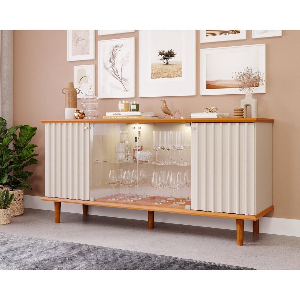 Buffet de Sala de Jantar 4 Portas com LED e Pés em Madeira Maciça Janice Marrom/Cinamomo/Off White Cinamomo/Off White
