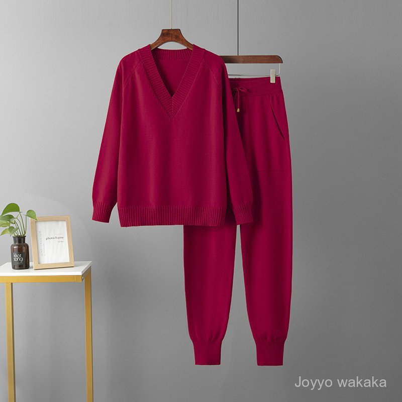 Novo conjunto de suéter e calças harem, conjunto casual de duas peças com suéter pullover.
