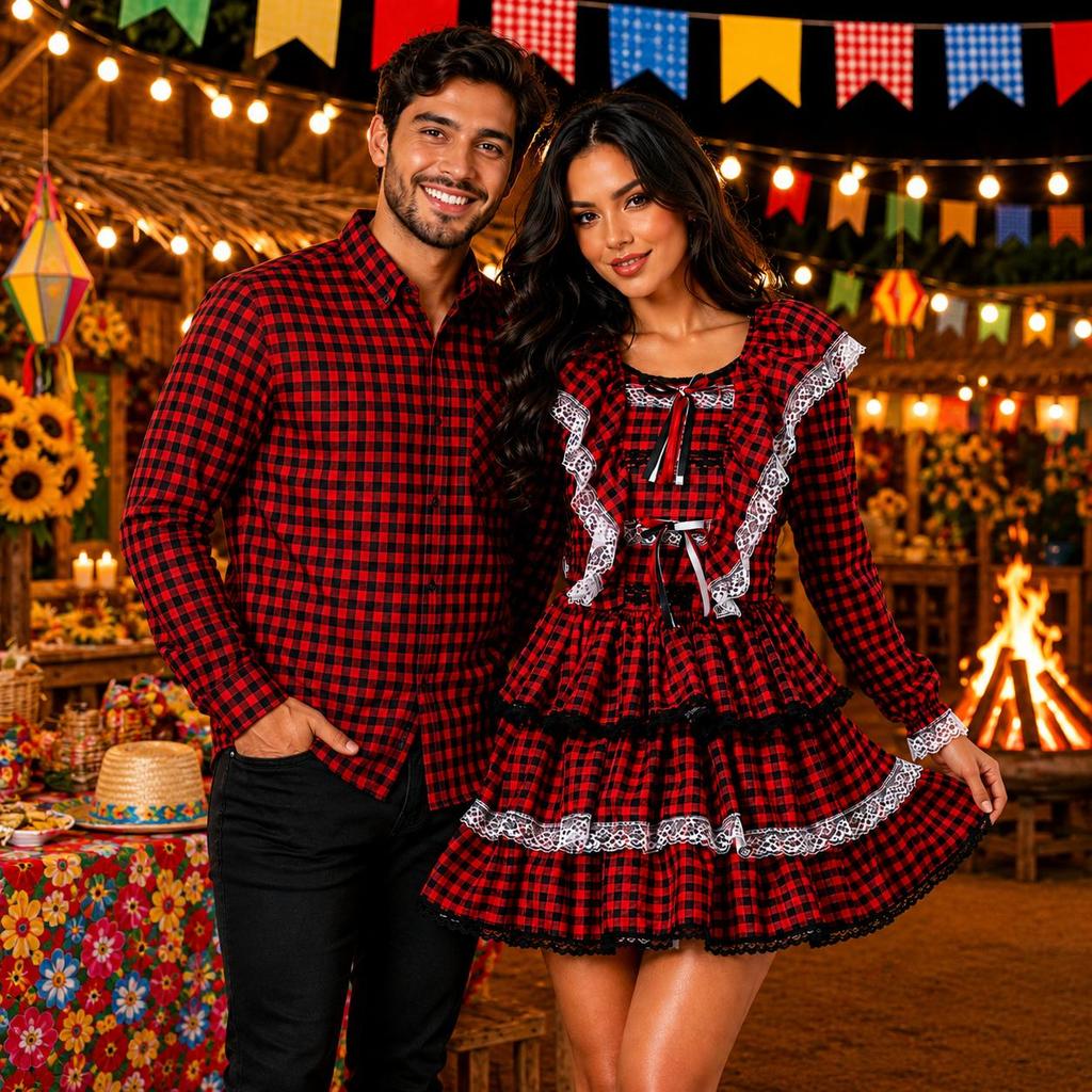 Vestido Festa Junina Moderno Feminino Xadrez Vermelho Manga Longa · foto 2
