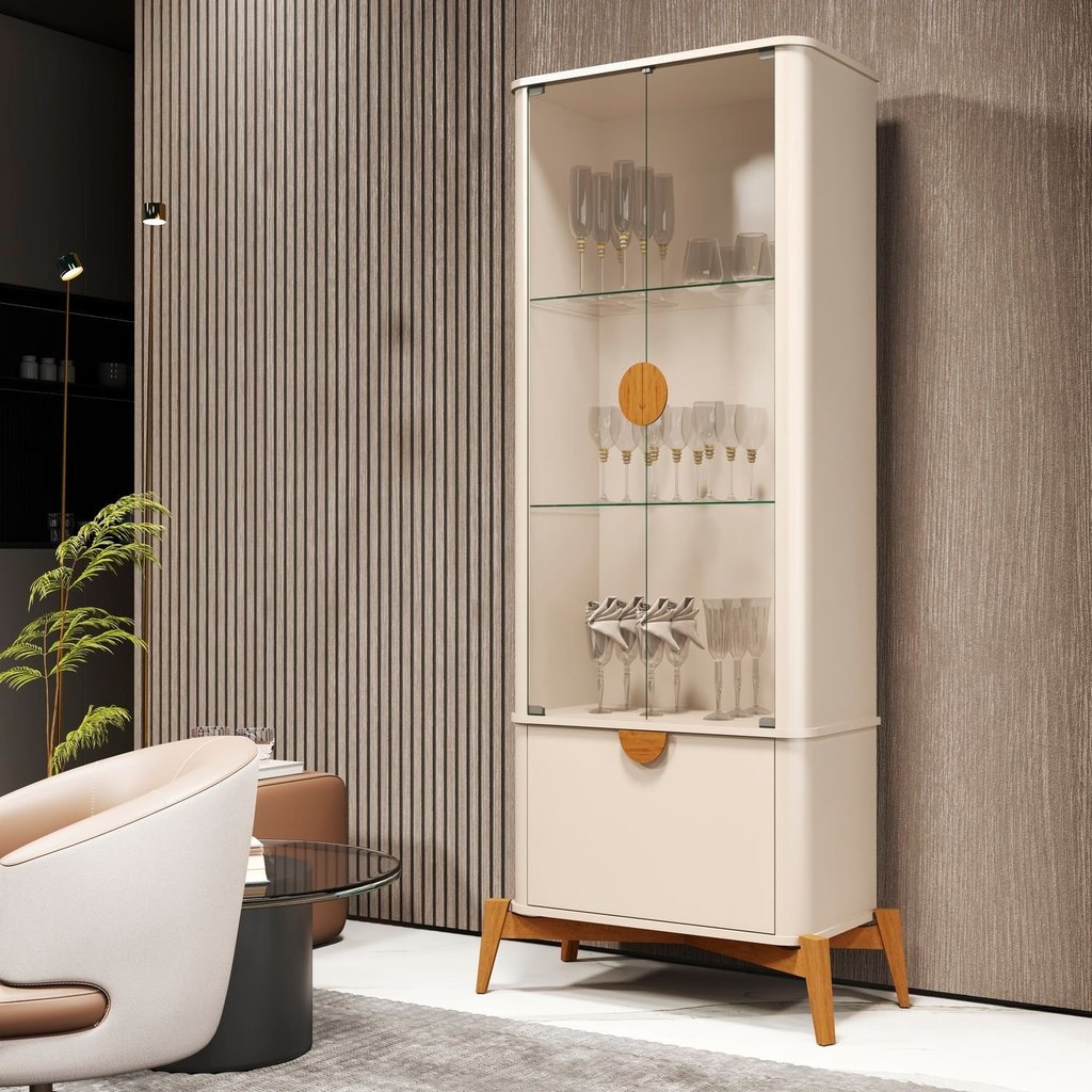 Cristaleira Curva com Puxador e Pés em Madeira Maciça 100% MDF 180CMX89CM Linha Bege Off White