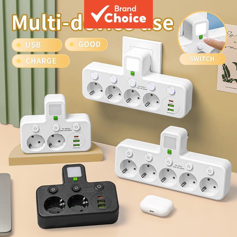 Tomada de parede AXUS EU 2/3/4/5/6 saídas, tomada elétrica com portas de carregamento USB-C, régua de energia sem fio,