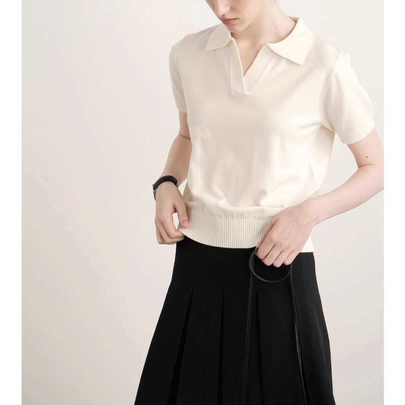Vintage white polo Short-sleeved knit shirt, versatile for summer, suitable for commuting and casual wear t Women's T-sh