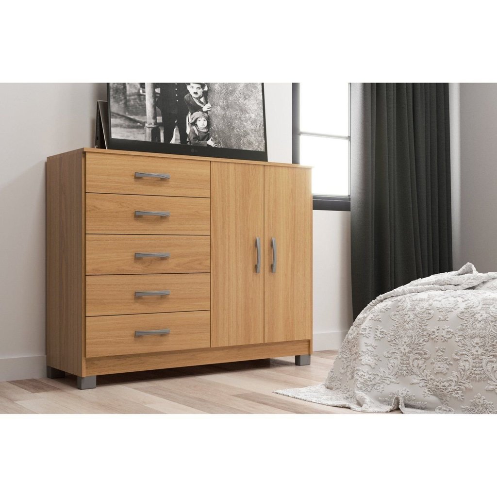 Cômoda 2 Portas 5 Gavetas Cinnamomo com Pés Amarelo Cinamomo