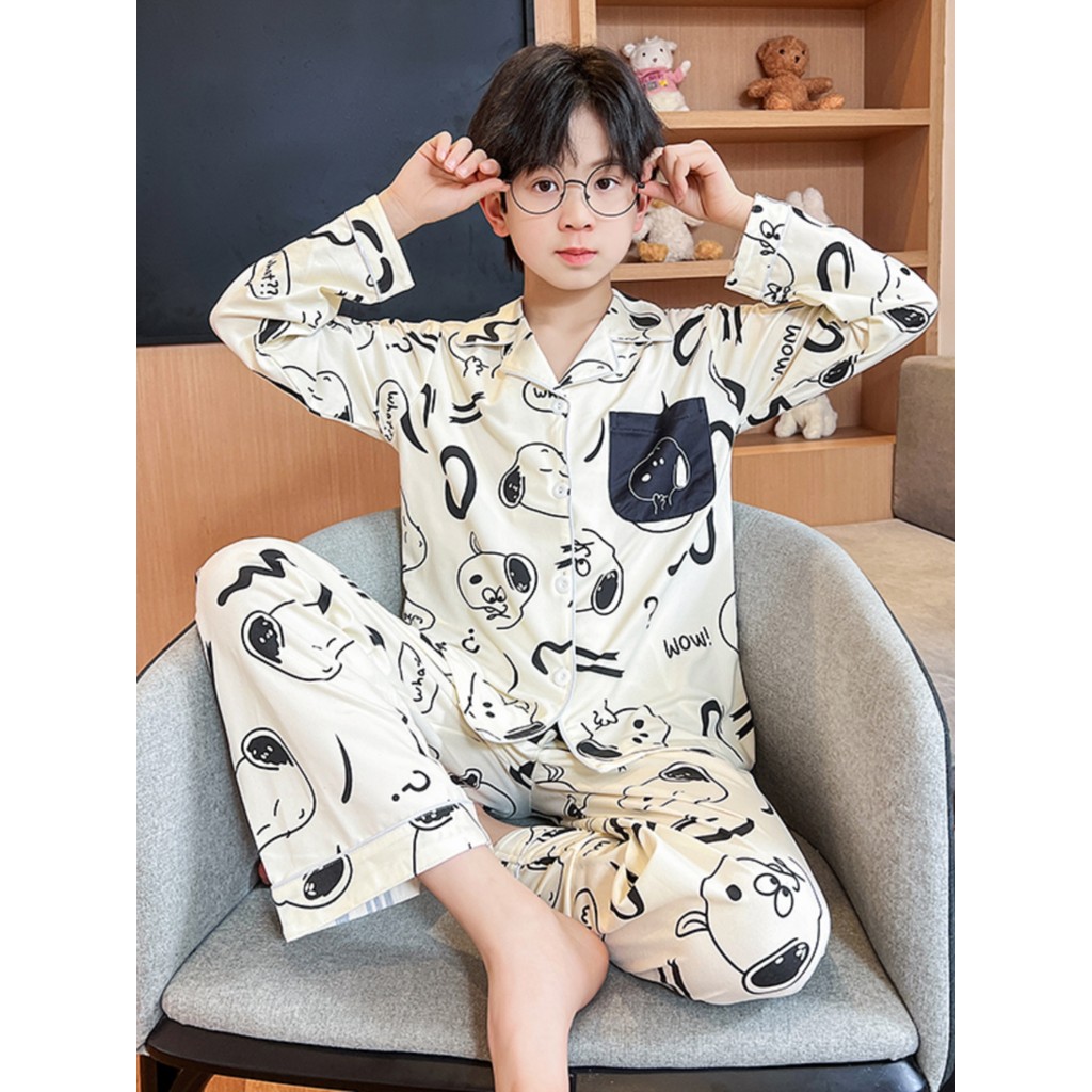 Crianças pijamas meninos primavera outono manga comprida lapela Cardigan Snoopy dos desenhos animados terno ar condicion