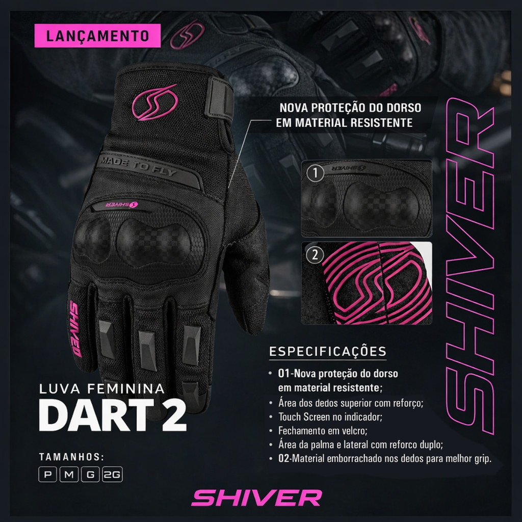 Kit Frio Luva De Moto Shiver Dart 2 Preta e Rosa Pilota Feminina Protecao no Dedo E Luva Termica Base Touch Tam P M G GG