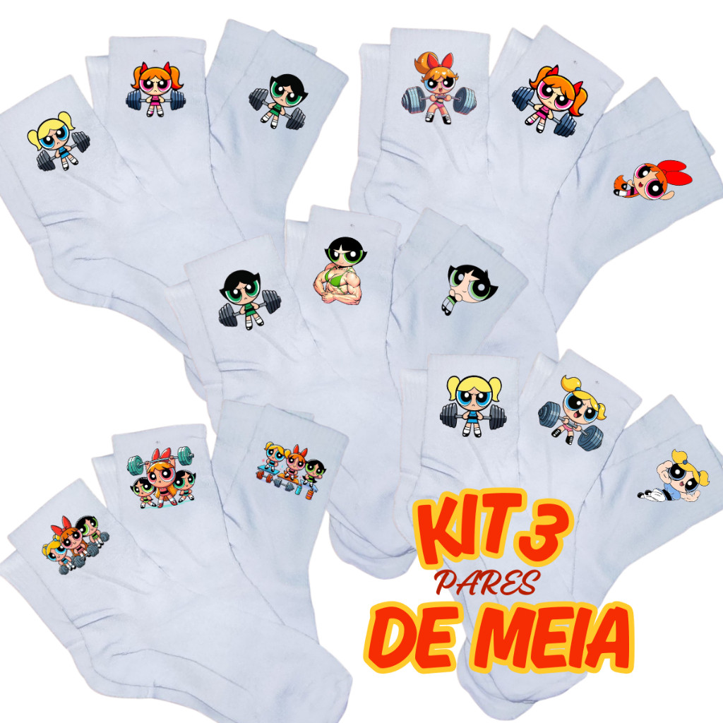 Kit3 Pares Meias Femininas Esportivas Estampadas Super Poderosas Confortáveis Academia Treino