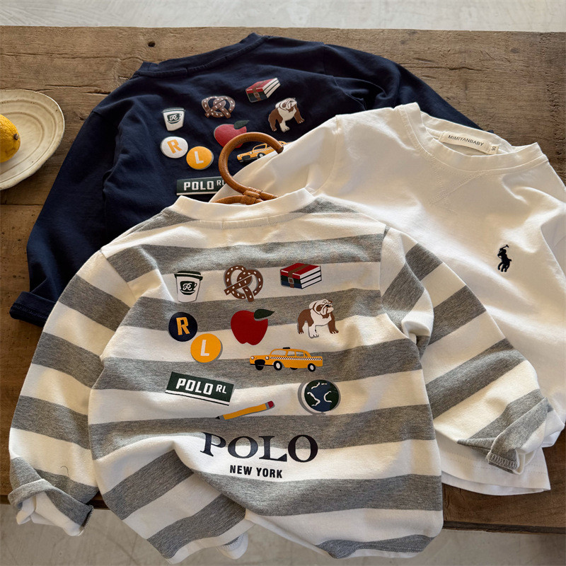 Crianças de manga comprida T2026 primavera outono novos produtos meninos meninas bordado listrado camisa de fundo bebê p
