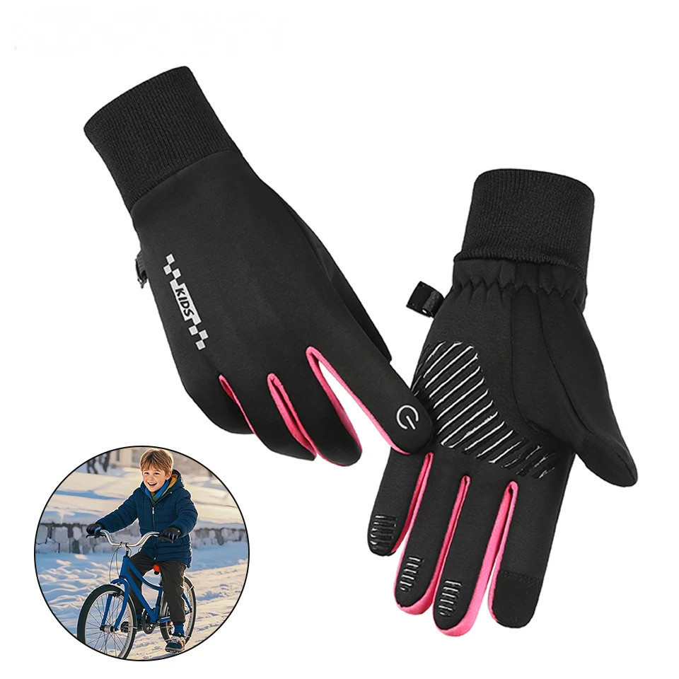 Luvas infantis de inverno com forro de lã, quentes e à prova de frio, compatíveis com tela sensível ao toque, antiderrap