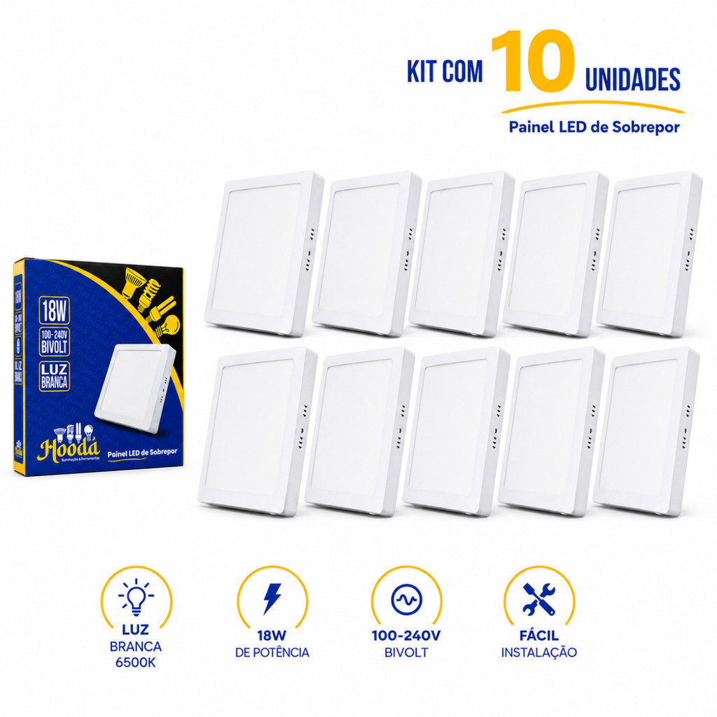 Kit 10 Painel Plafon Led 18w sobrepor Quadrado Hooda 6500k