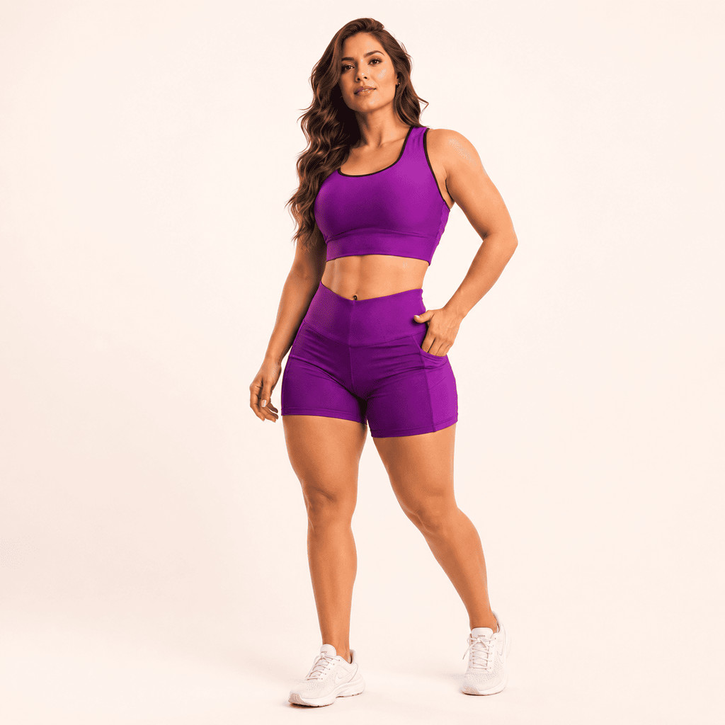 Conjunto Fitness ROXO Feminino Short Modelador Com Bolso Academia Treino Cós Alto Top e Short