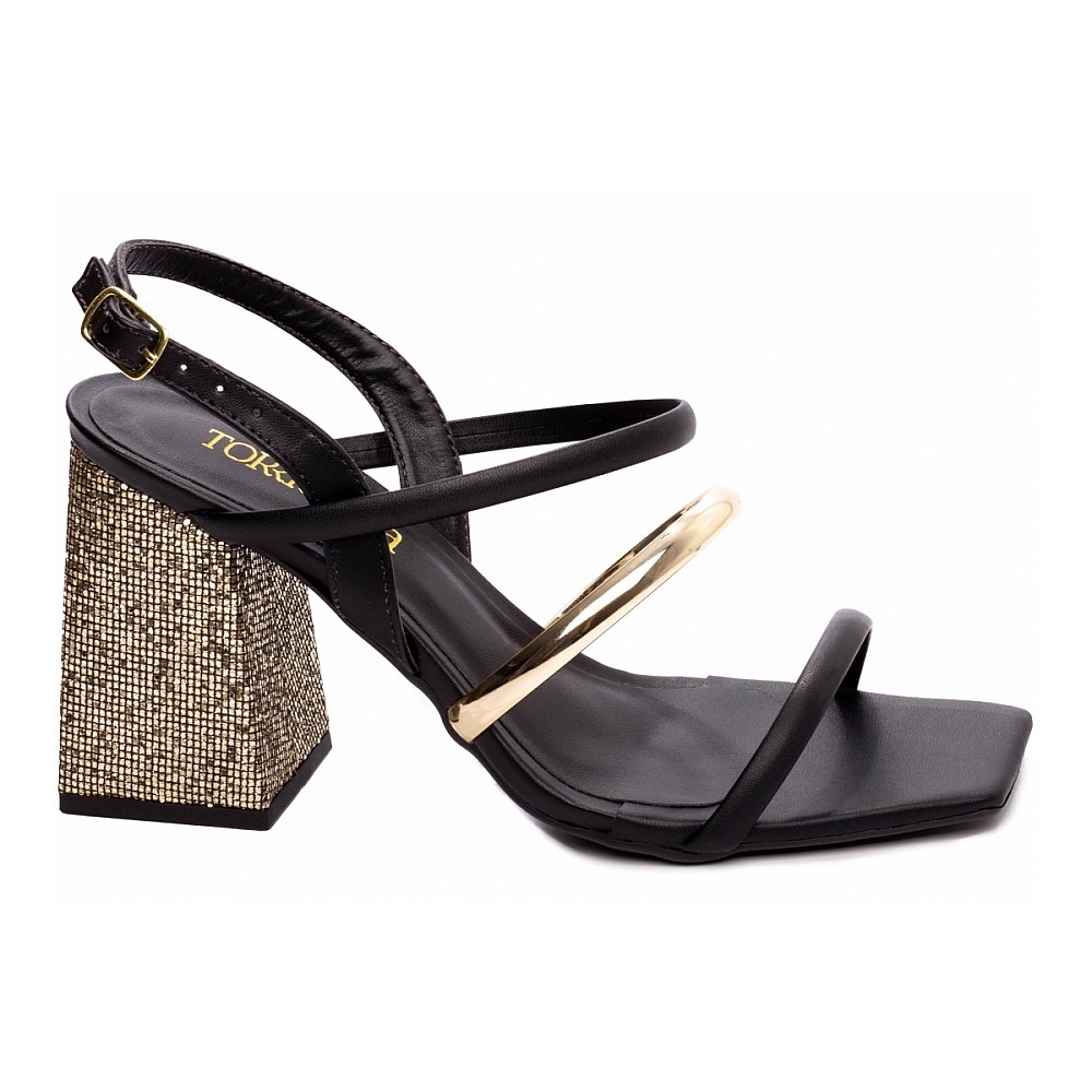 Sandália Feminina Napa com Detalhes Metalizados e Salto Alto Grosso com Glitter Torricella