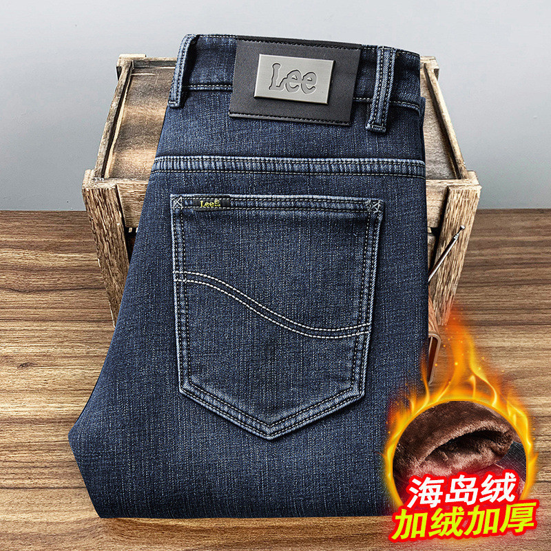 Calças Jeans Lee Dex para Homens com Forro de Fleece e Isolamento Grosso de Inverno, Caimento Solto, Calças Casuais Elás