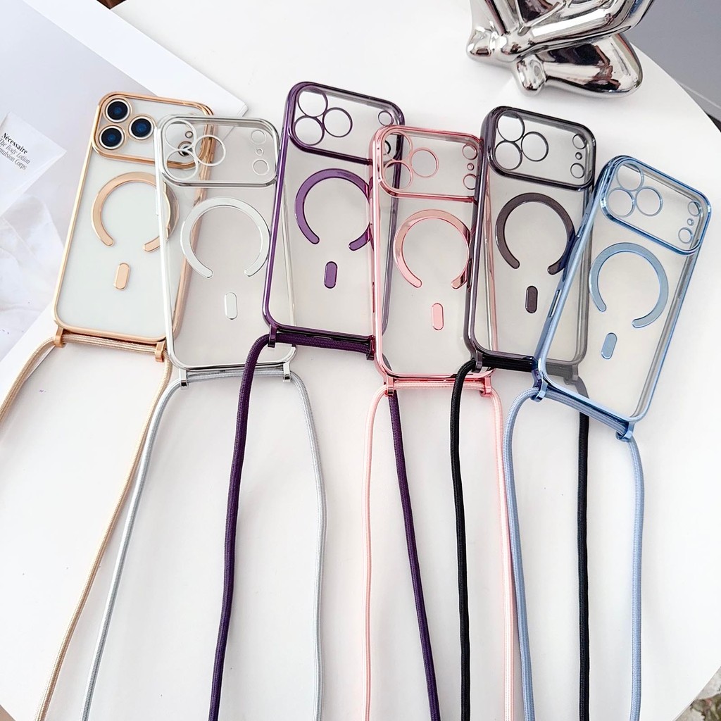 Luxo Colar Cabo Corda Cordão Chapeamento Magnético Claro Caso De Telefone Para iPhone 17 16 14 11 12 13 15 17 Pro Max Ca