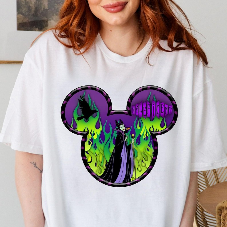 Camiseta Feminina Versátil De Algodão, De Corte Solto, Com Estampa De Orelhas De Malévola E Mickey Mouse