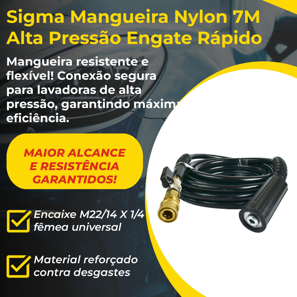 Mangueira Sigma Nylon 7m 3000PSI Engate Rápido M22-1.4 Alta Pressão Flexível Automotiva Industrial