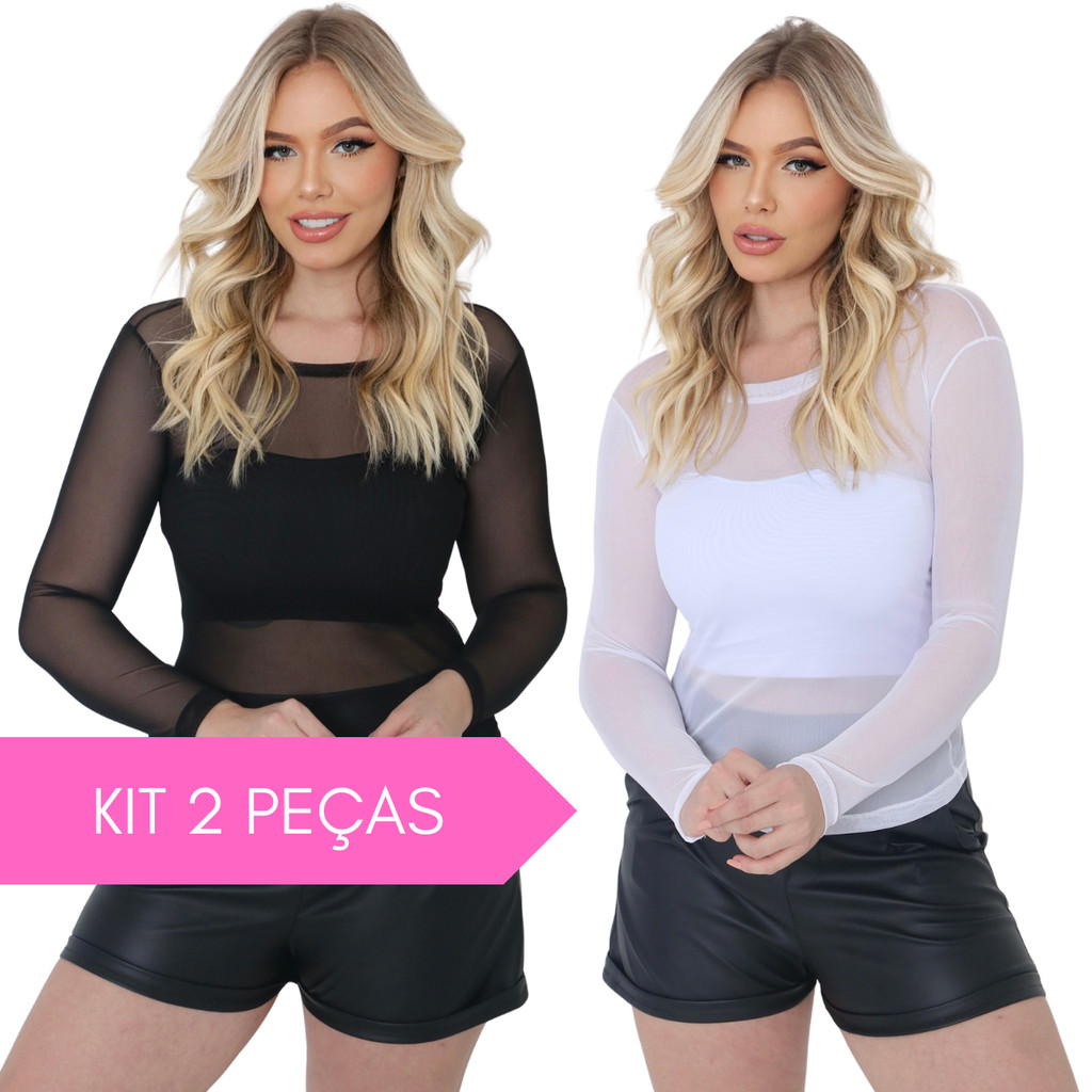 Kit 2 Peças Blusa Feminina Tule Manga Longa Moda Básica Transparente Confortável