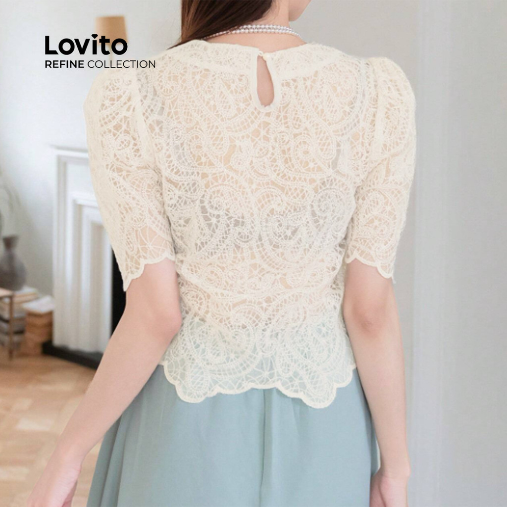Detalhes do (Lovito Refine) Blusa Elegante de Renda Hollow para Primavera/verão Blusa de Damasco para Mulheres LR18E094