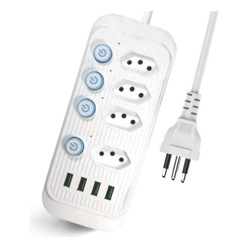 Extensão Elétrica com 4 Tomadas e 4 USB Filtro de Linha Bivolt com Interruptor Individual