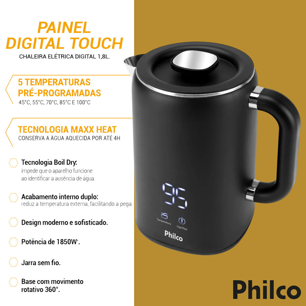 Detalhes do Chaleira Elétrica 1,8 Litros Painel Digital Desliga Automático PCH18B Philco