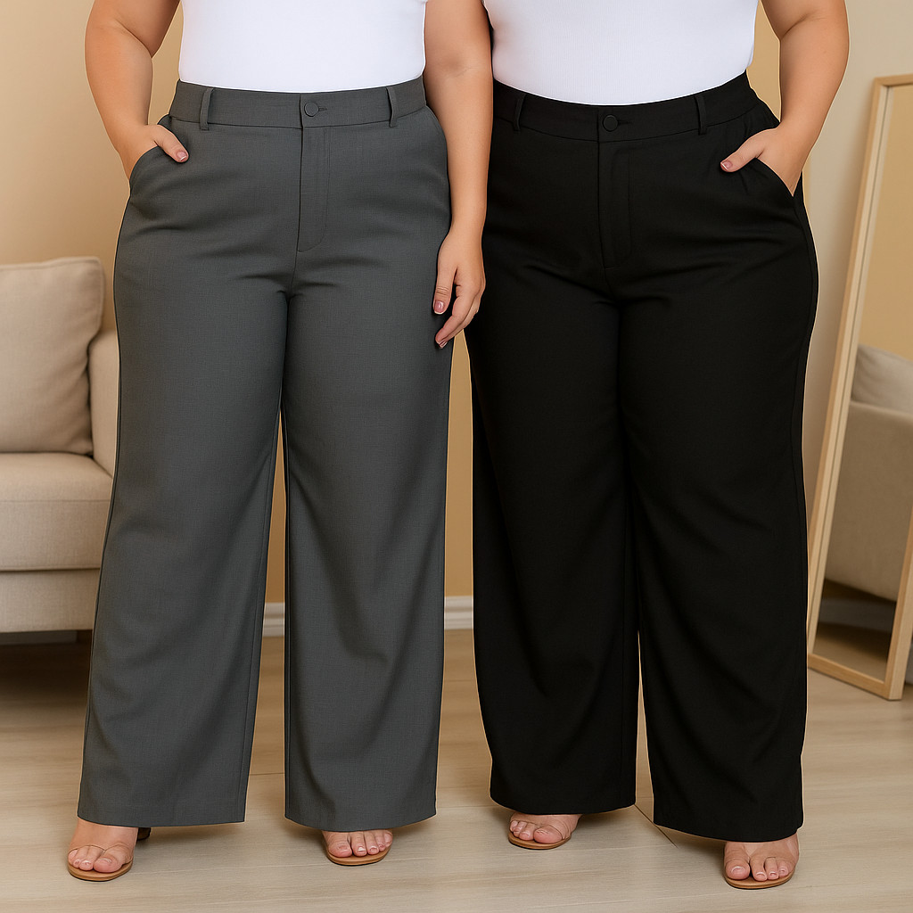 Kit 2 Calça Pantalona Plus Cize Tecido Alfaitaria Do G1 ao G4 Feminina Segura Barriga Com Bolso Premium