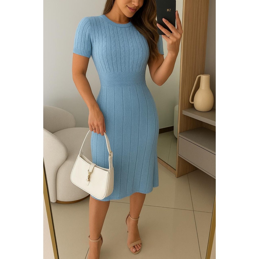 Vestido Tricô Modal Manga Curta Feminino em Oferta na Shopee
