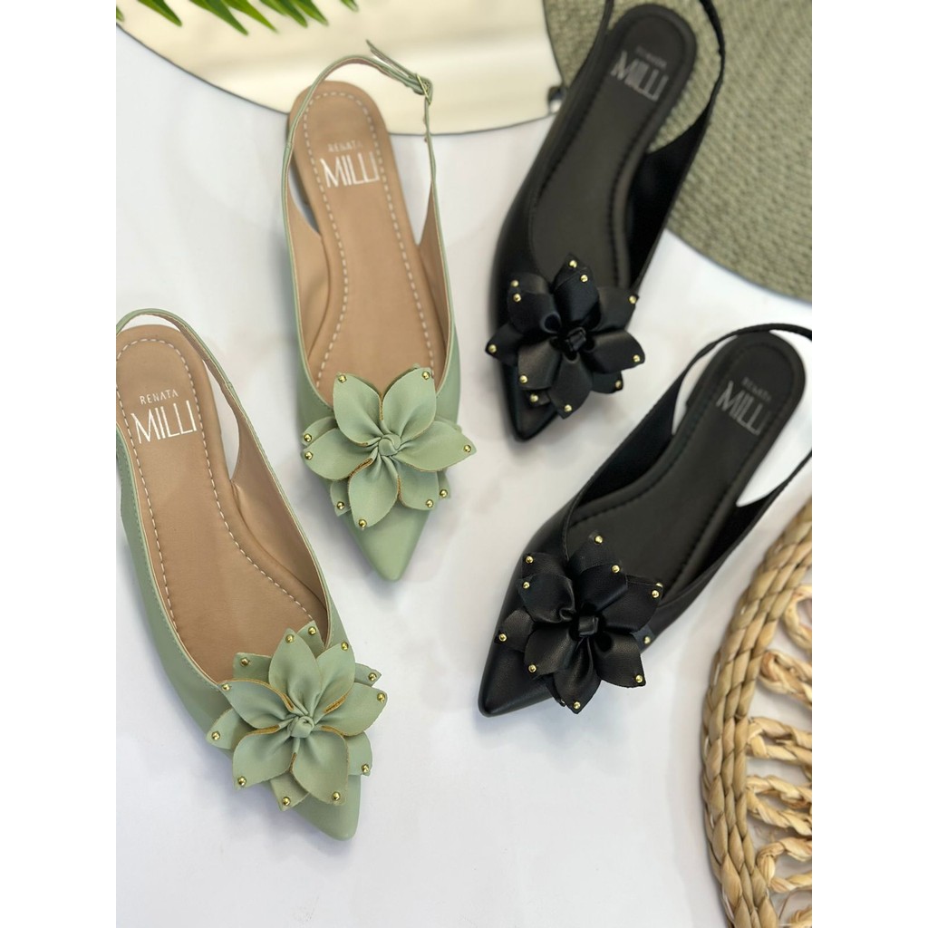 Sapatilha Feminina Slingback Milli Bico Fino Com Flor Elegante Moderna