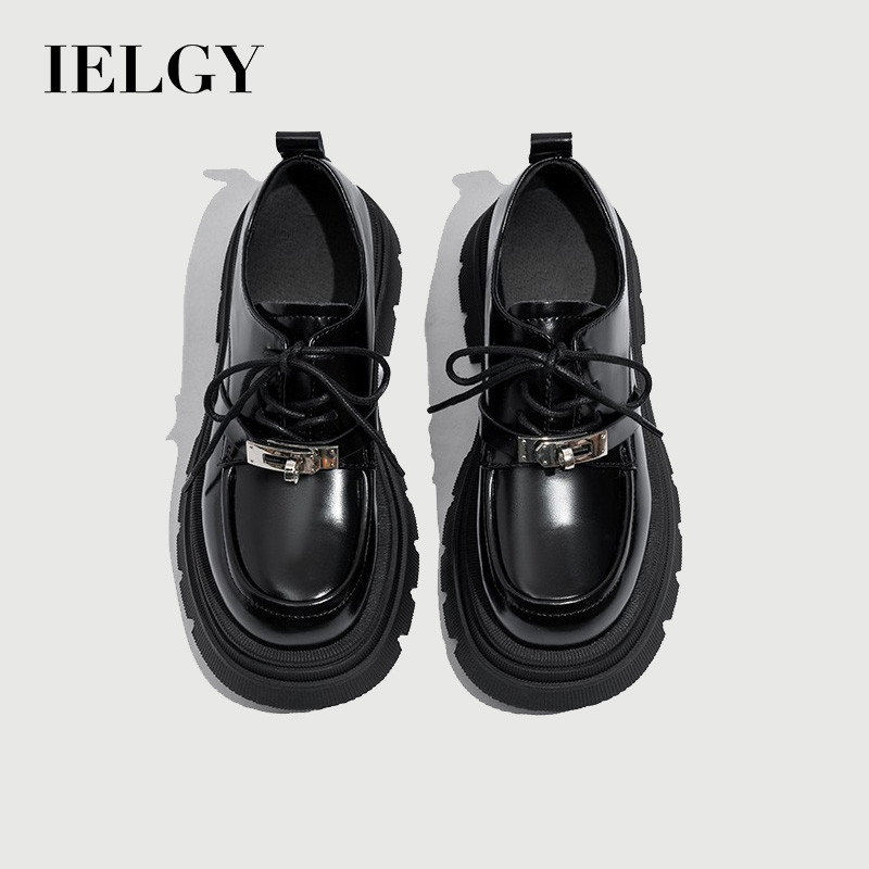 IELGY 2026 Outono De Sola Grossa De Couro Preto Feminino Com Cadarço Estilo Brit